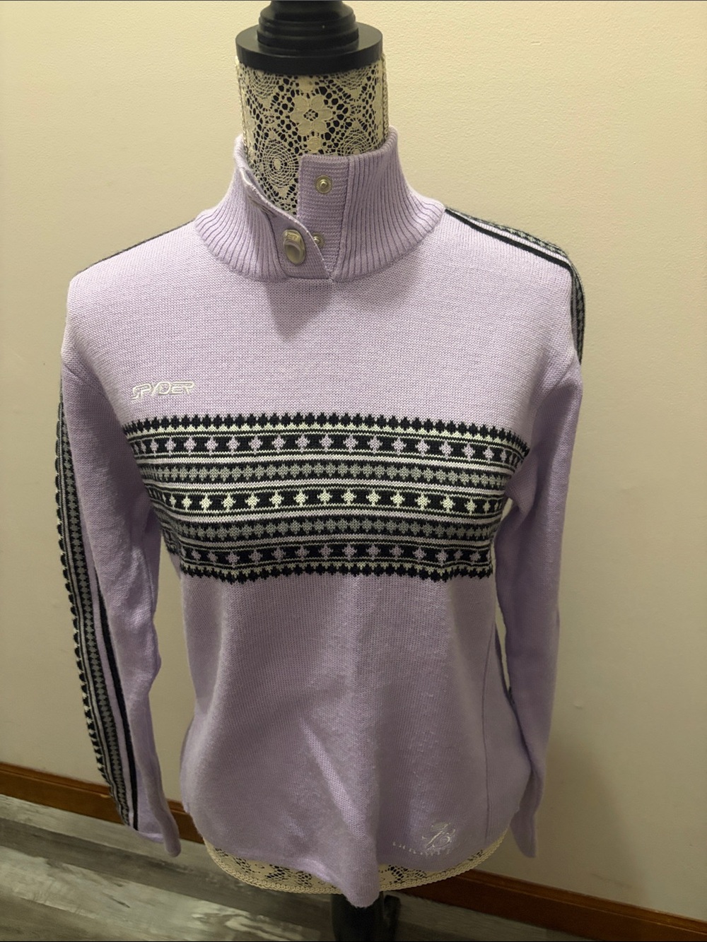 Spyder Lavender Knit Funnel Neck Sweater with Black & White Fair Isle Detail